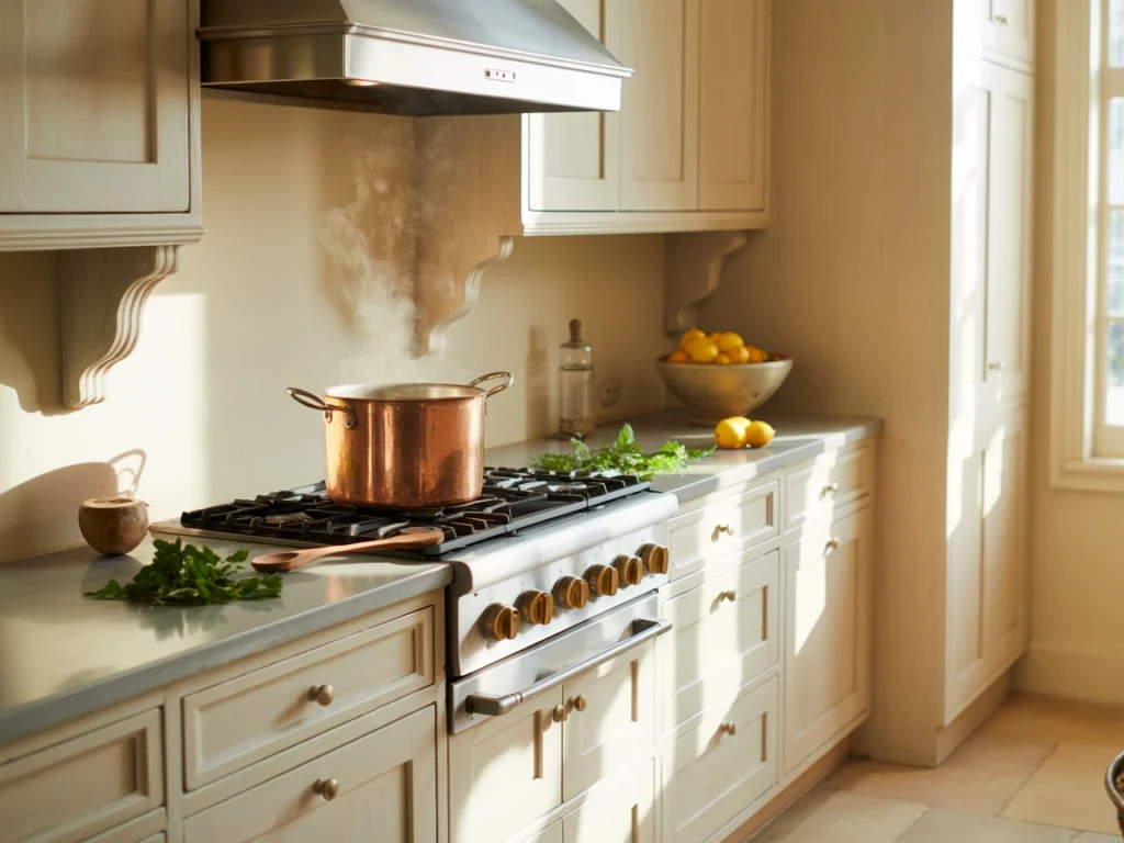 Elegant kitchen with white oak kitchen cabinets, traditional stove area, and brass fixtures.