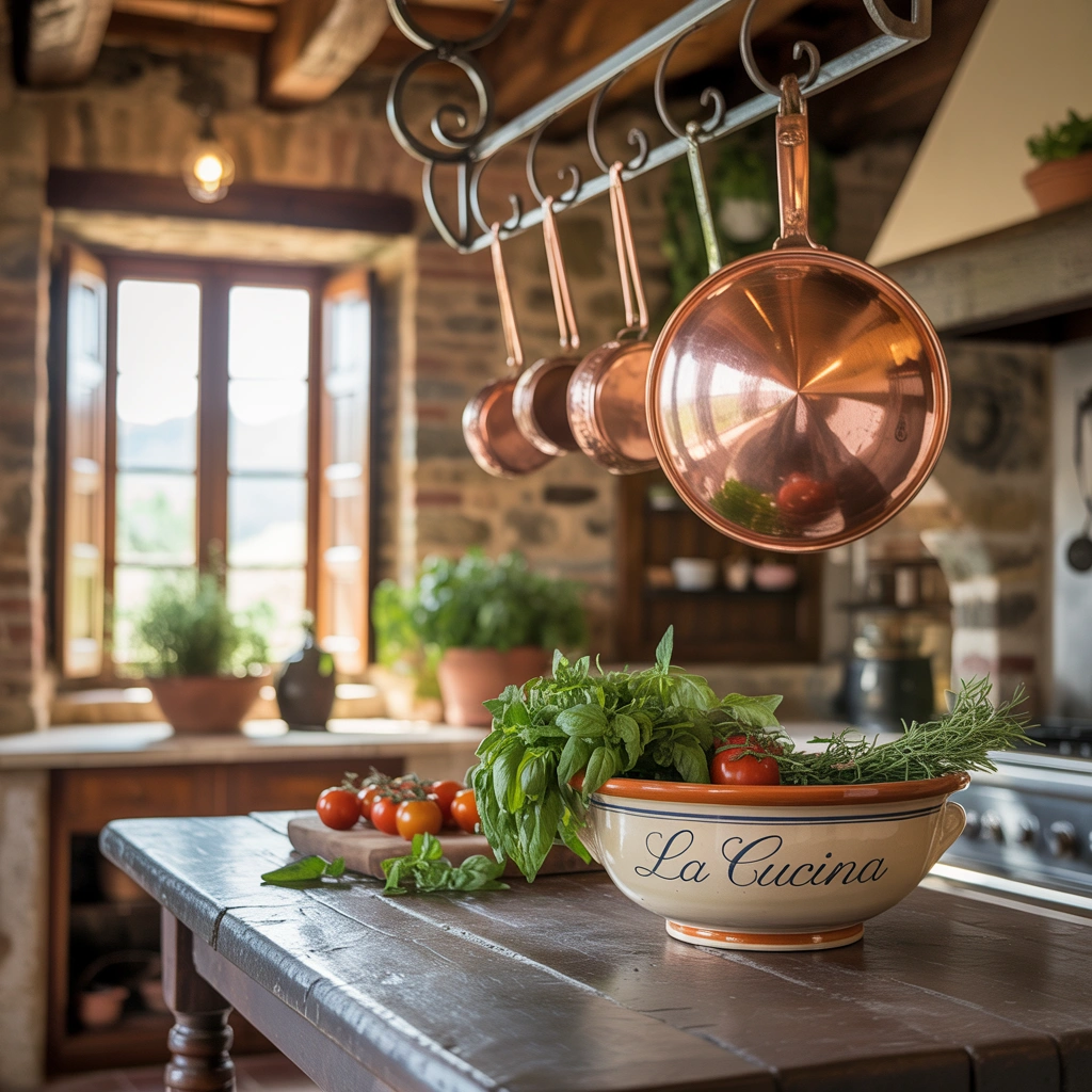 Wrought iron hooks and hanging copper pans in a traditional Tuscan kitchen