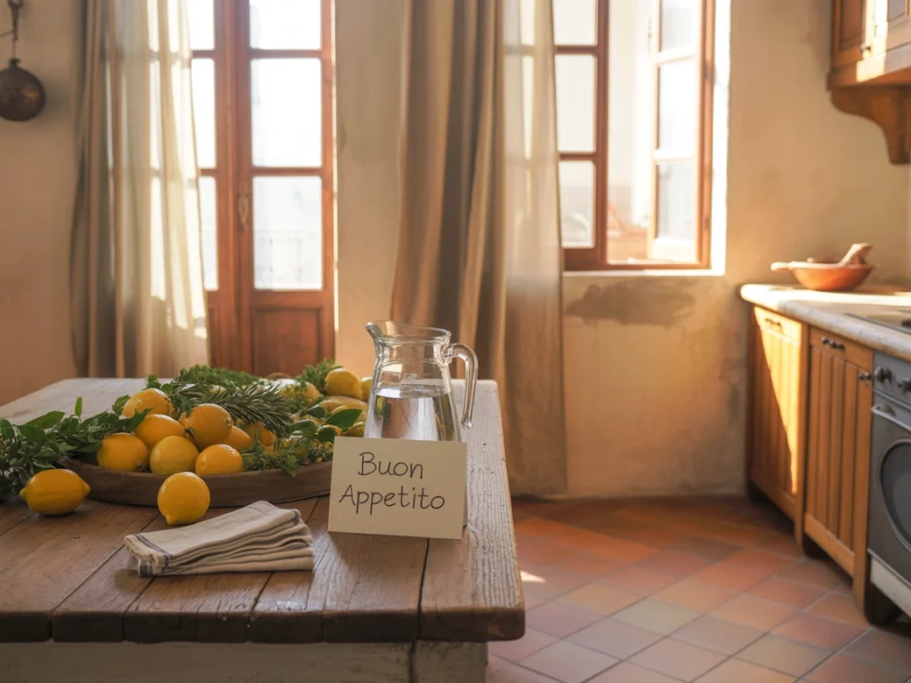 "Sunlit Italian kitchen with terracotta floors and natural light"