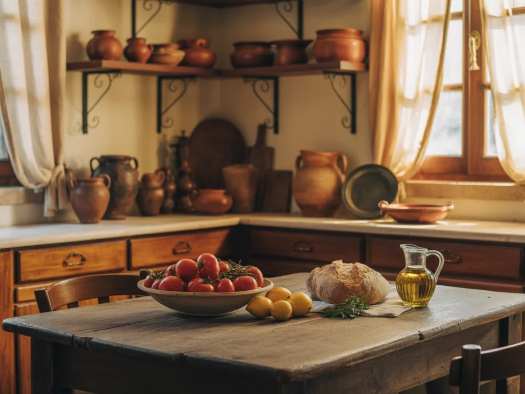 "Open shelving in Italian kitchen with wood cabinets and wrought iron details"