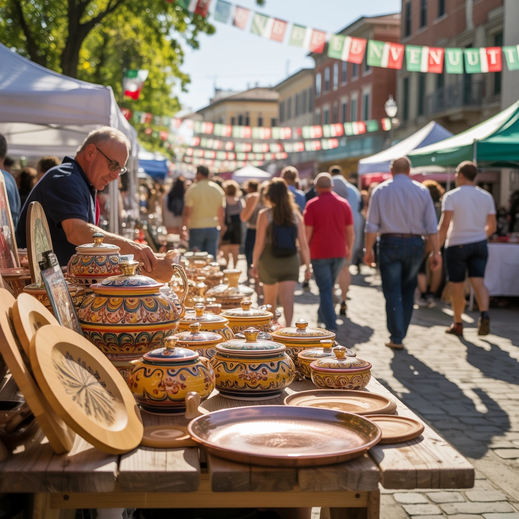 Italian-American market with ceramics, cookware, and linens at outdoor festival