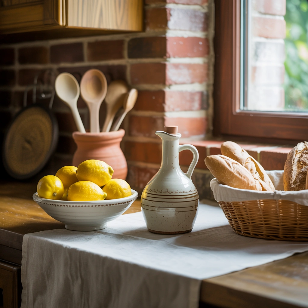 Italian-style kitchen counter with lemons, olive oil cruet, and wooden utensils in terracotta
