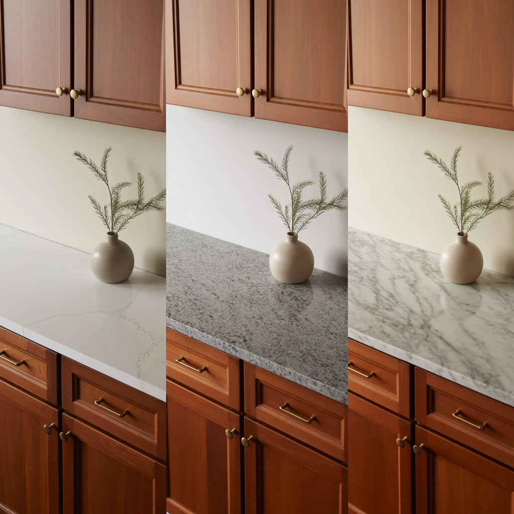 Cherry kitchen cabinets shown with quartz, granite, and marble countertops to illustrate different styles and design effects.