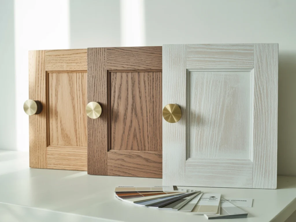 Three oak cabinet door samples in light, medium, and whitewashed finishes