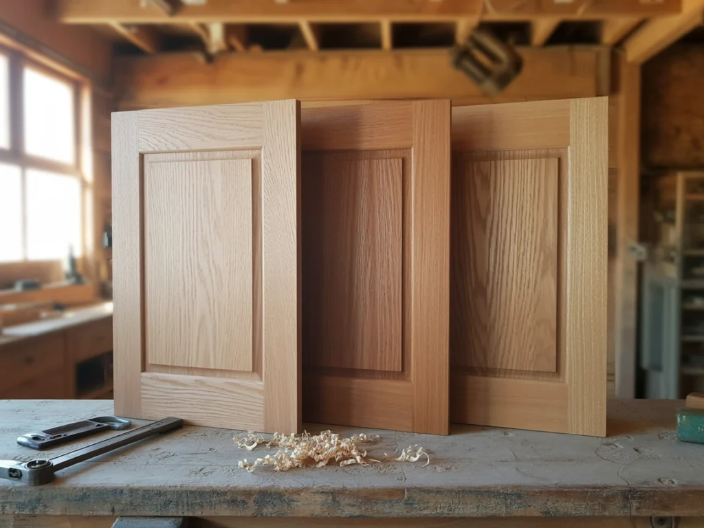 Three styles of white oak kitchen cabinet doors—rift sawn, quarter sawn, and plain sawn—displayed on workbench.
