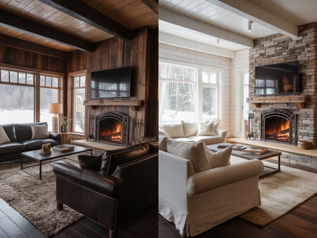 dark rustic decor vs light rustic decor in fireplace living room