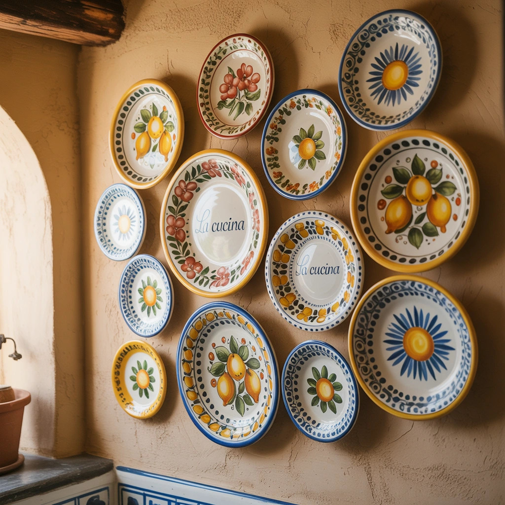 Hand-painted Deruta and Vietri ceramic plates displayed on a rustic Italian kitchen wall