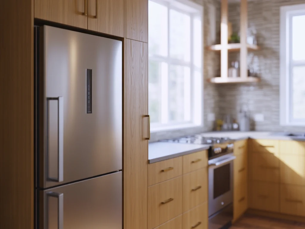 Contemporary kitchen with custom white oak cabinets and stainless steel appliances