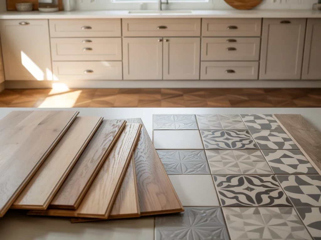 Kitchen with white oak cabinets and mixed flooring of hardwood and decorative tiles