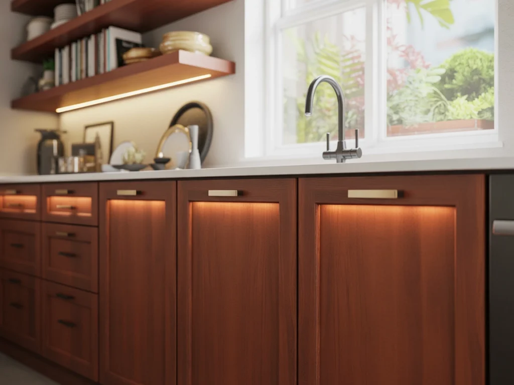 Modern updates like new hardware, lighting, and open shelving that give cherry cabinets a fresh, stylish look without major renovations.