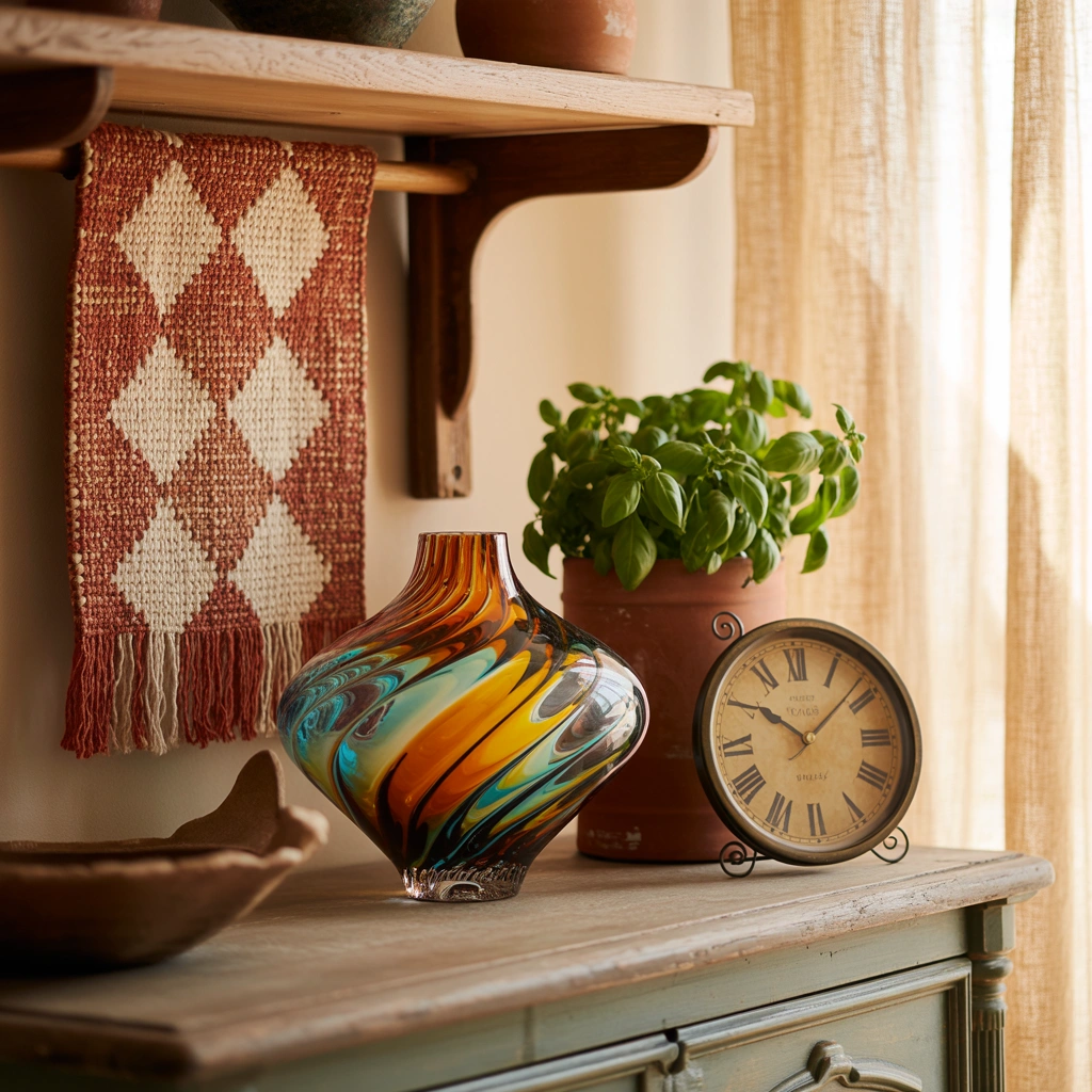 Italian craft accents with Murano glass, vintage clock, and basil in terracotta