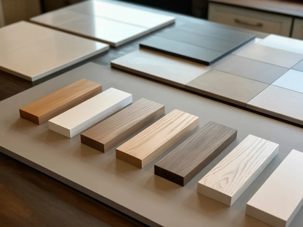 Selection of white oak finish swatches from light to dark on a display board