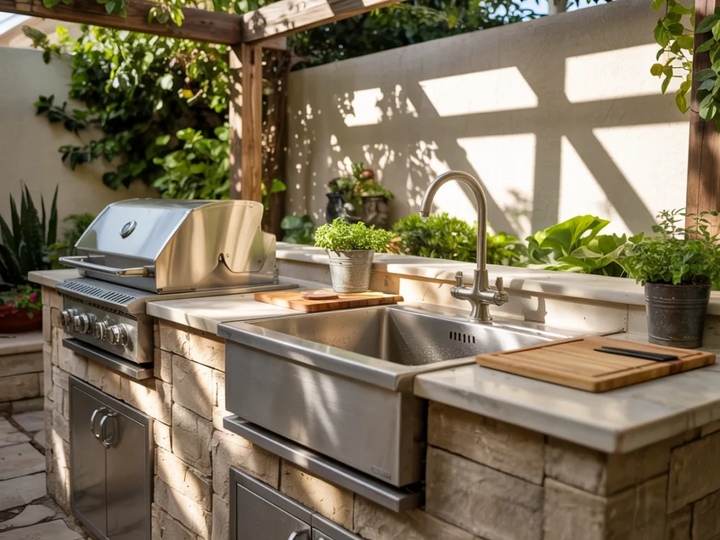 sink placement outdoor kitchen, stainless steel outdoor sink