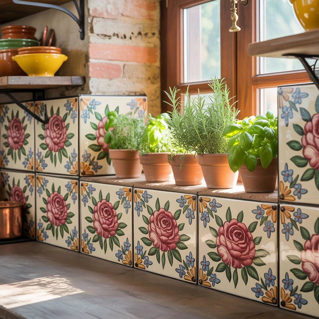 Hand-painted ceramic kitchen tiles with traditional Italian patterns and Mediterranean colors