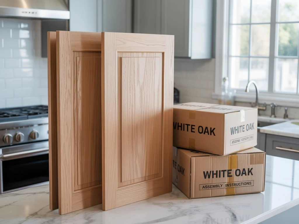 White oak cabinet doors beside RTA boxes in a modern kitchen setting