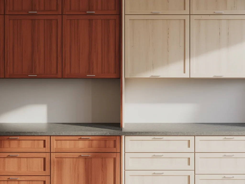 Comparison of stained and natural white oak kitchen cabinet finishes in a contemporary layout.