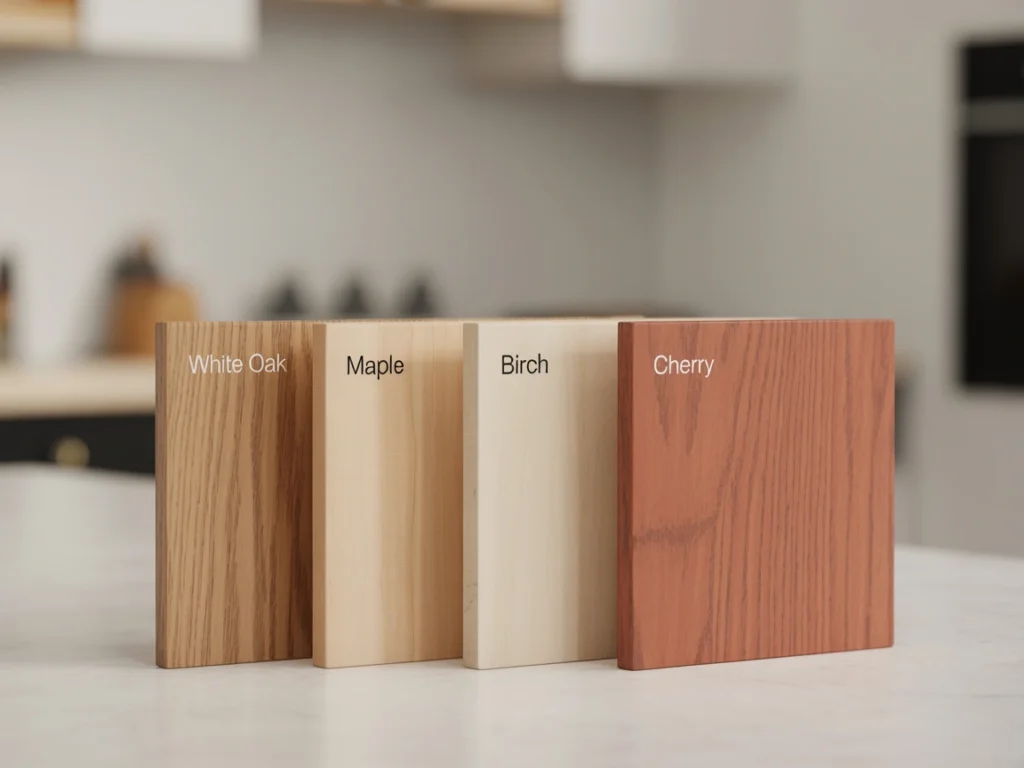 Comparison of wood types: white oak, maple, birch, and cherry cabinetry samples