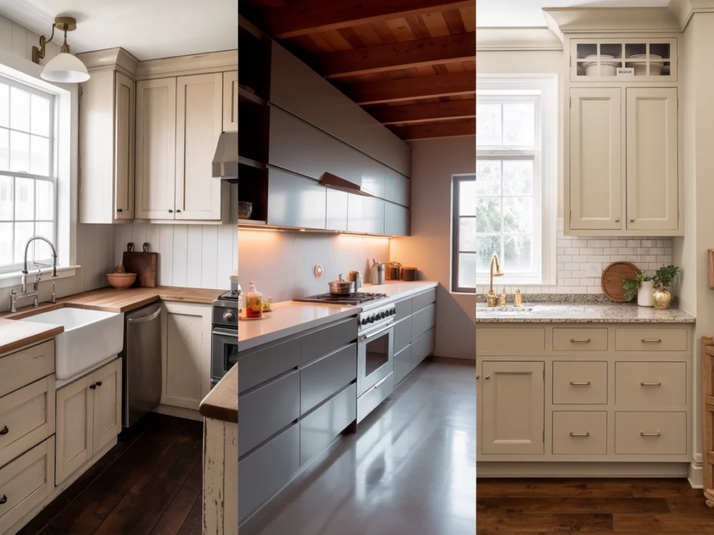 Side-by-side designs of white oak kitchen cabinets in farmhouse, modern, and transitional kitchen styles.