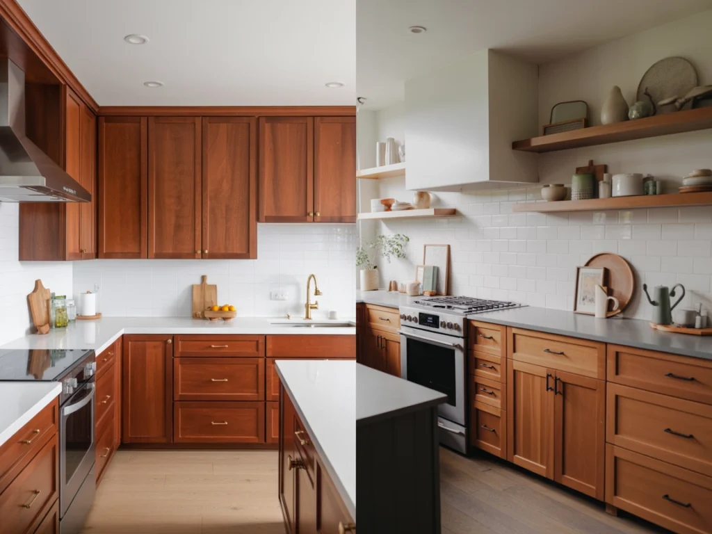 Two real-life kitchen designs featuring cherry wood cabinets with modern updates like quartz countertops, brass and black hardware, and open shelving.