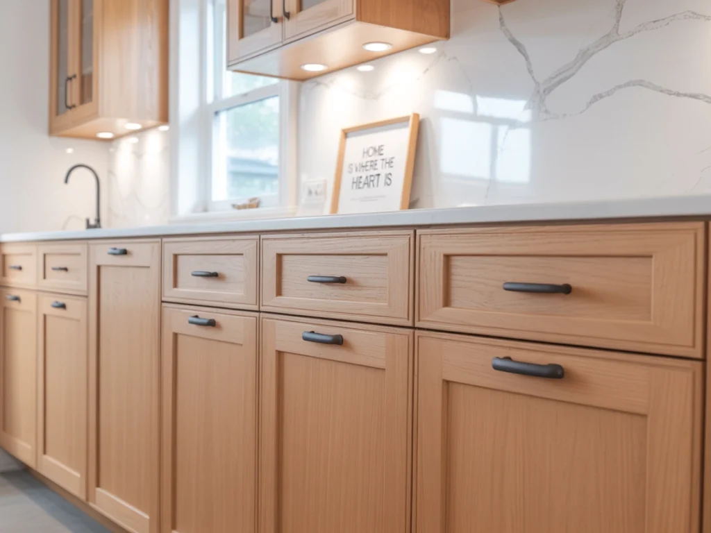 Classic shaker white oak kitchen cabinets with black hardware and marble backsplash.