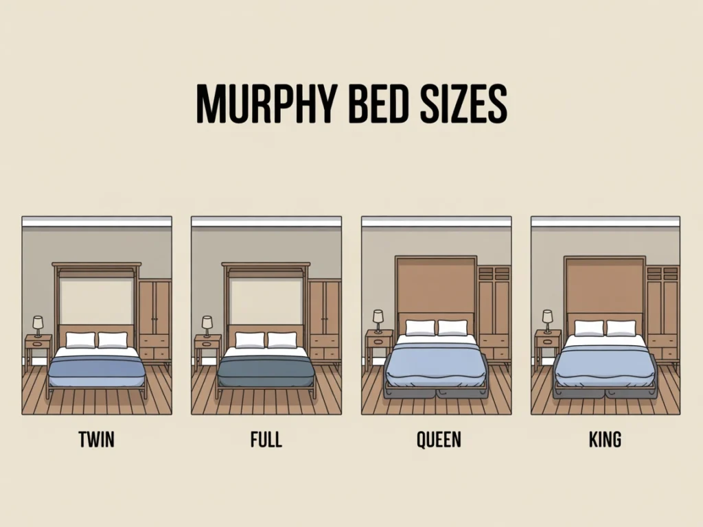 Murphy bed size chart comparing twin, queen, and king options in small spaces