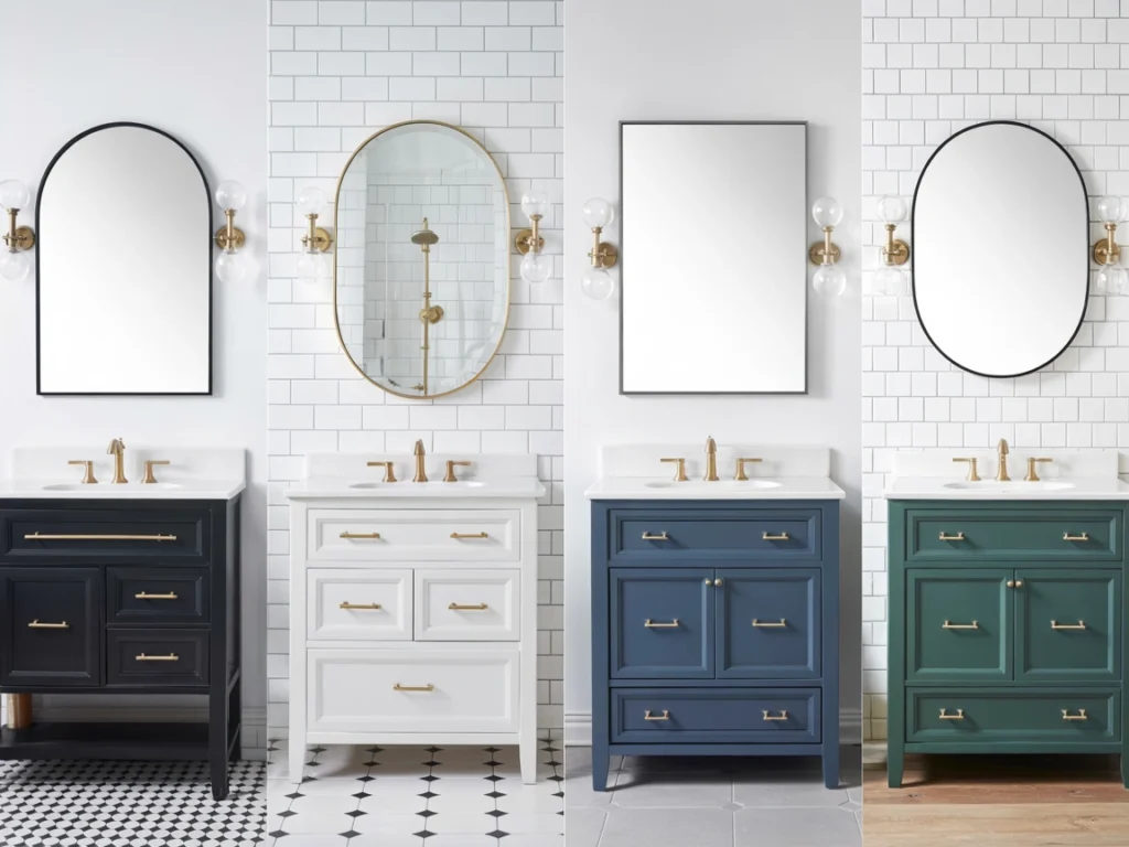 brass faucet with black and navy vanity, brass bathroom color ideas