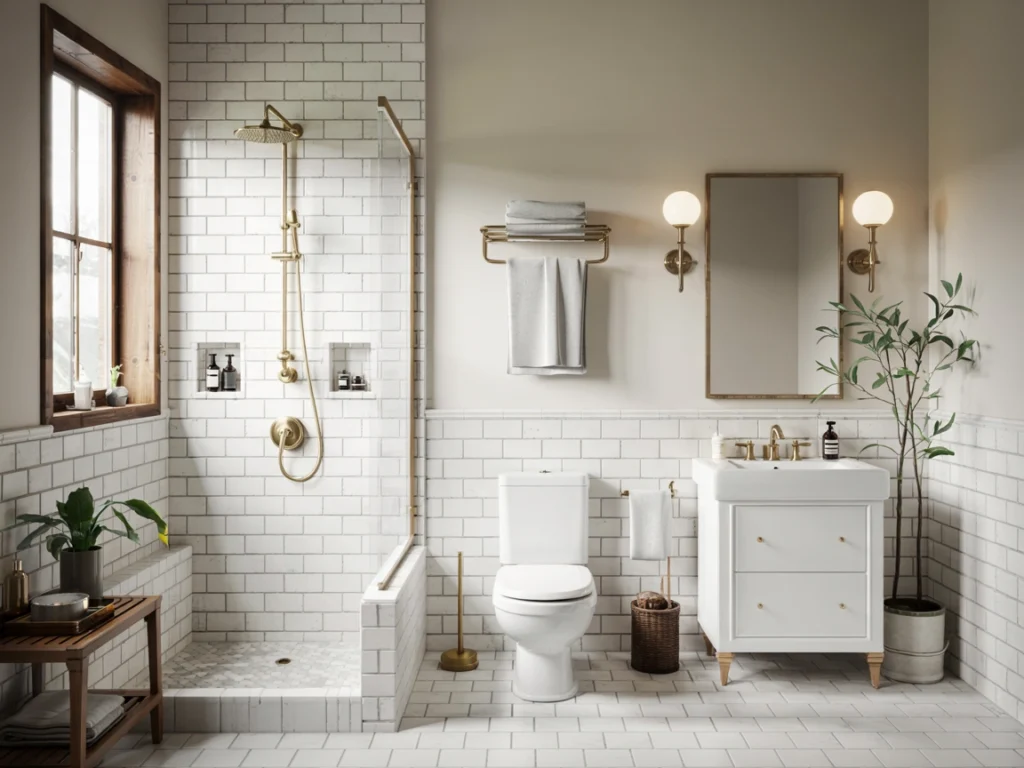 brass bathroom lighting, brass shower hardware ideas