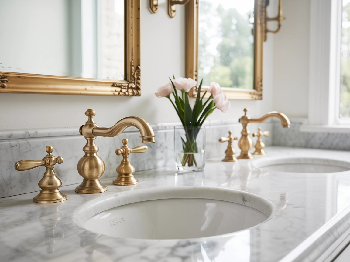 bathroom with brass fixtures, brass bathroom faucet styles