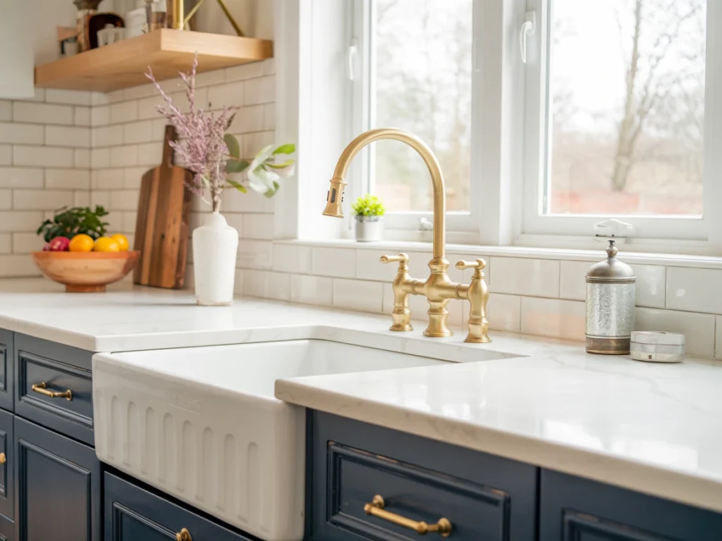 brass kitchen faucet, farmhouse sink with brass fixtures
