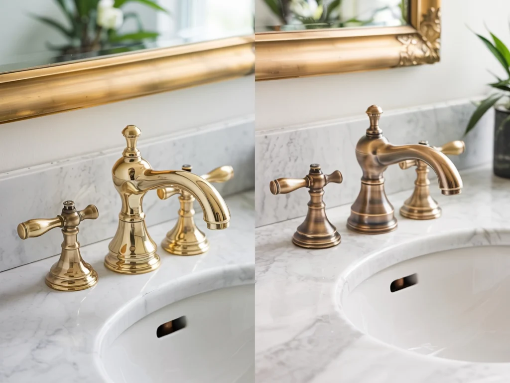 polished brass faucet, brushed brass bathroom fixture