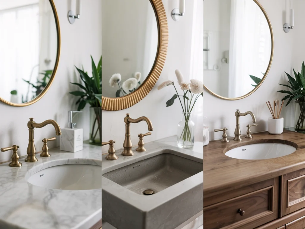brass faucet with marble, concrete, and wood bathroom vanities