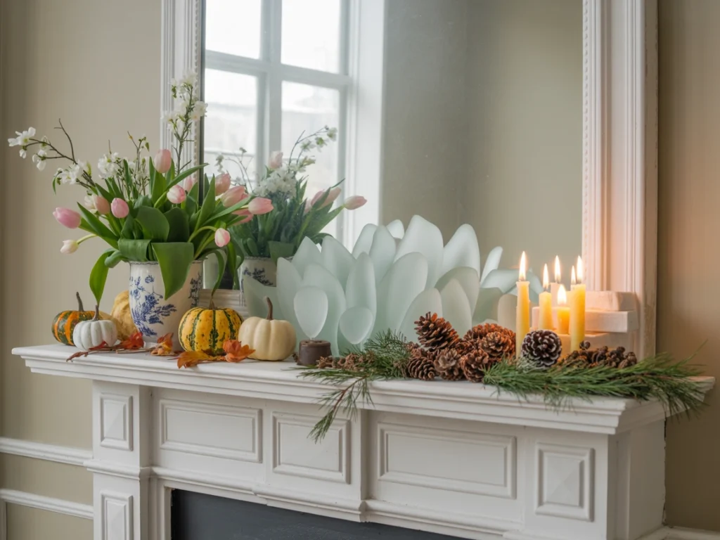 seasonal mantel decor showing spring, summer, fall, and winter styling ideas in one elegant living room