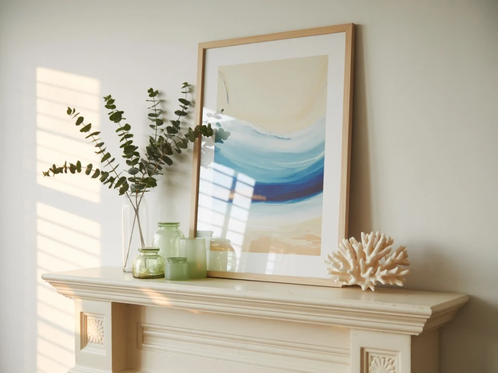minimalist summer mantel with coastal decor and light textures