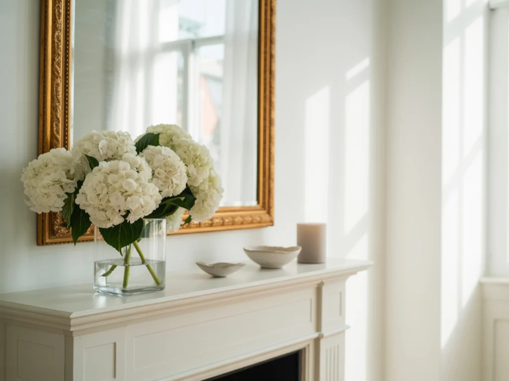 minimalist summer mantel with hydrangeas and soft textures