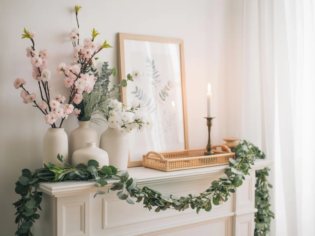 spring mantel with pastel florals, greenery, and natural decor