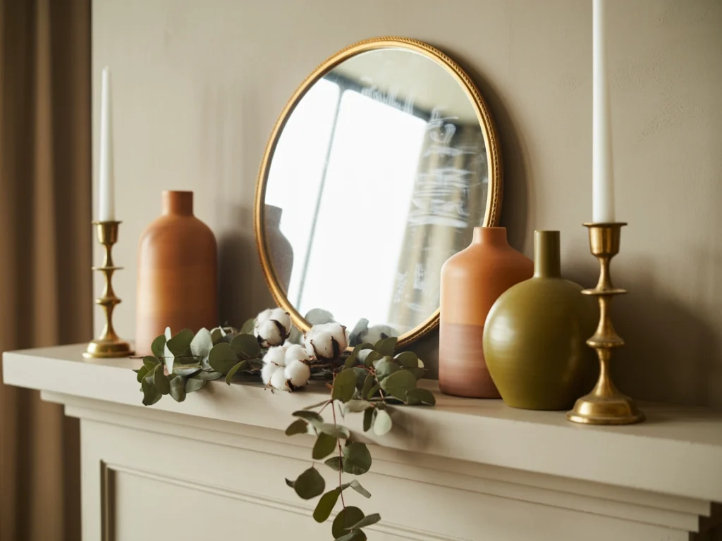 modern rustic mantel decor with vintage mirror, ceramic vases, and seasonal greenery in a neutral living room