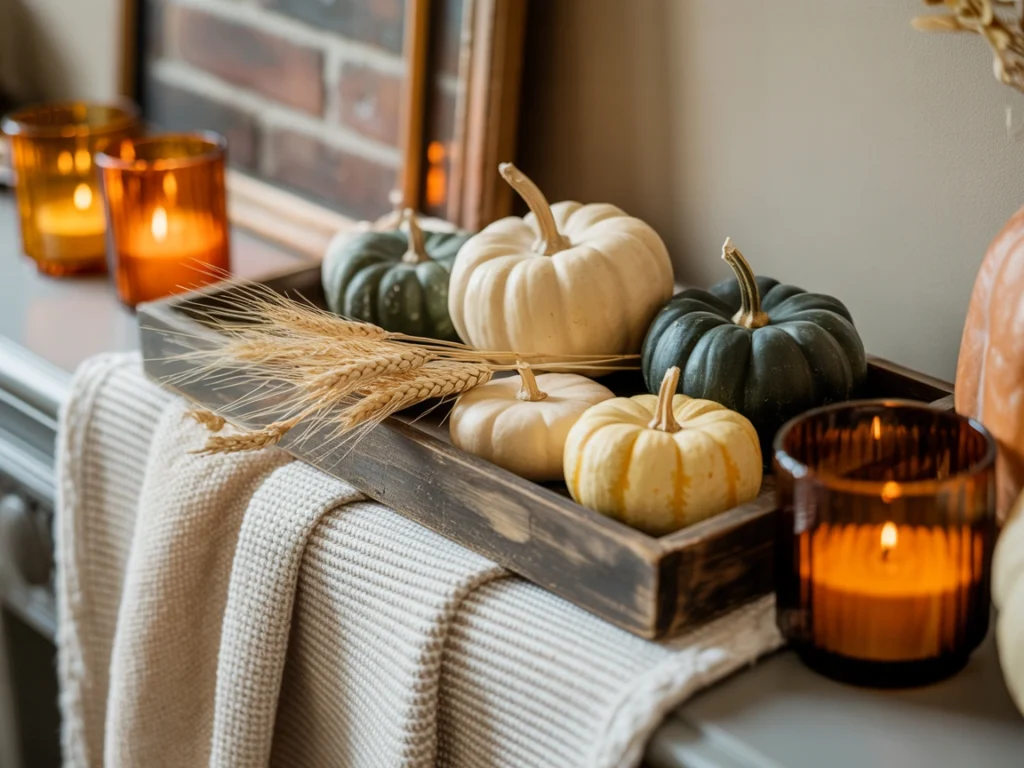 autumn mantel with pumpkins, amber glass, and fall textures