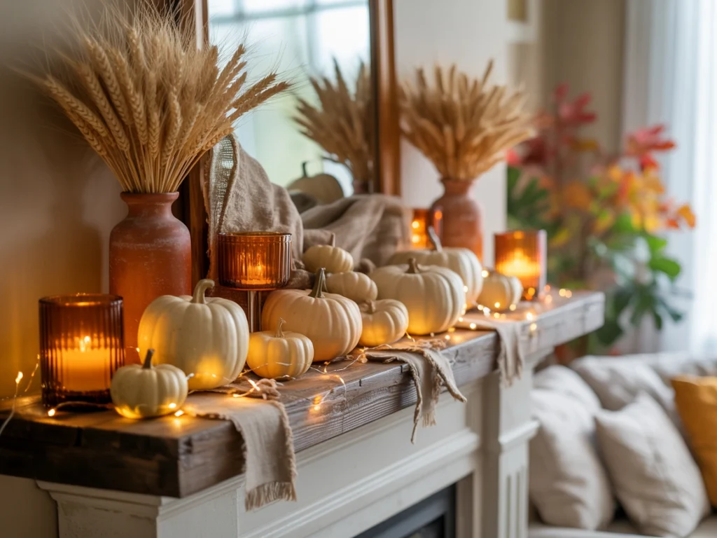 cozy fall mantel with pumpkins, candles, and earthy tones