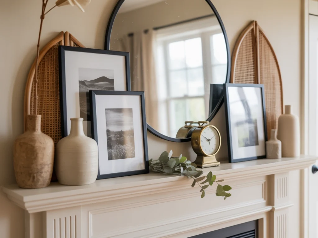 all-season mantel with balanced layered decor and natural textures