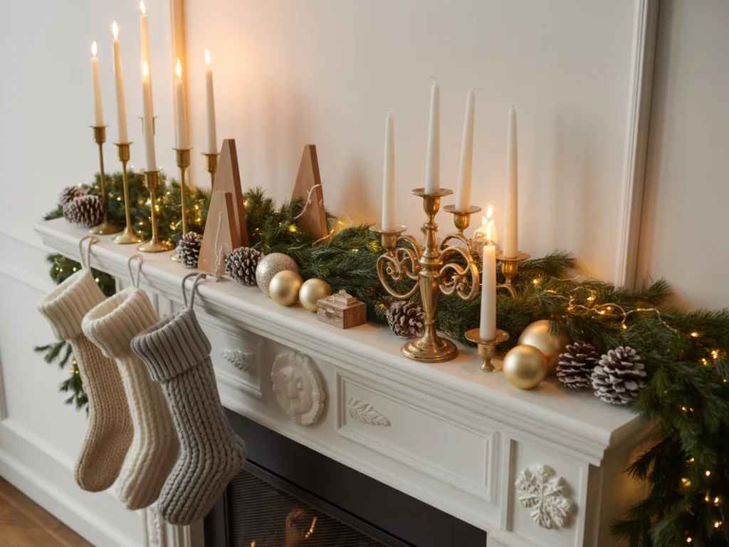 winter mantel with pine garland, metallics, and cozy winter elements