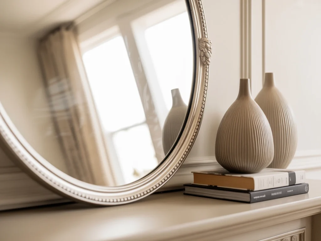 well-balanced mantel using the rule of thirds with layered decor