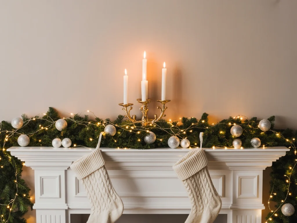winter mantel with metallics, greenery, and holiday accents